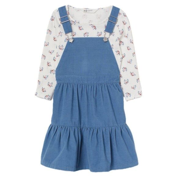 H&M Girls Blue Corduroy Overall Dress Dressalls & Shirt Set Size 6x/7 NEW